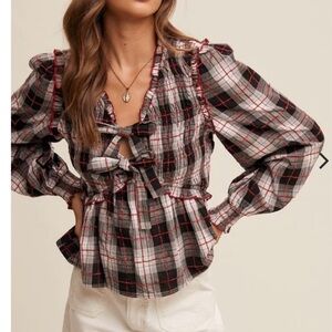 Smocked Bow Front Plaid Top